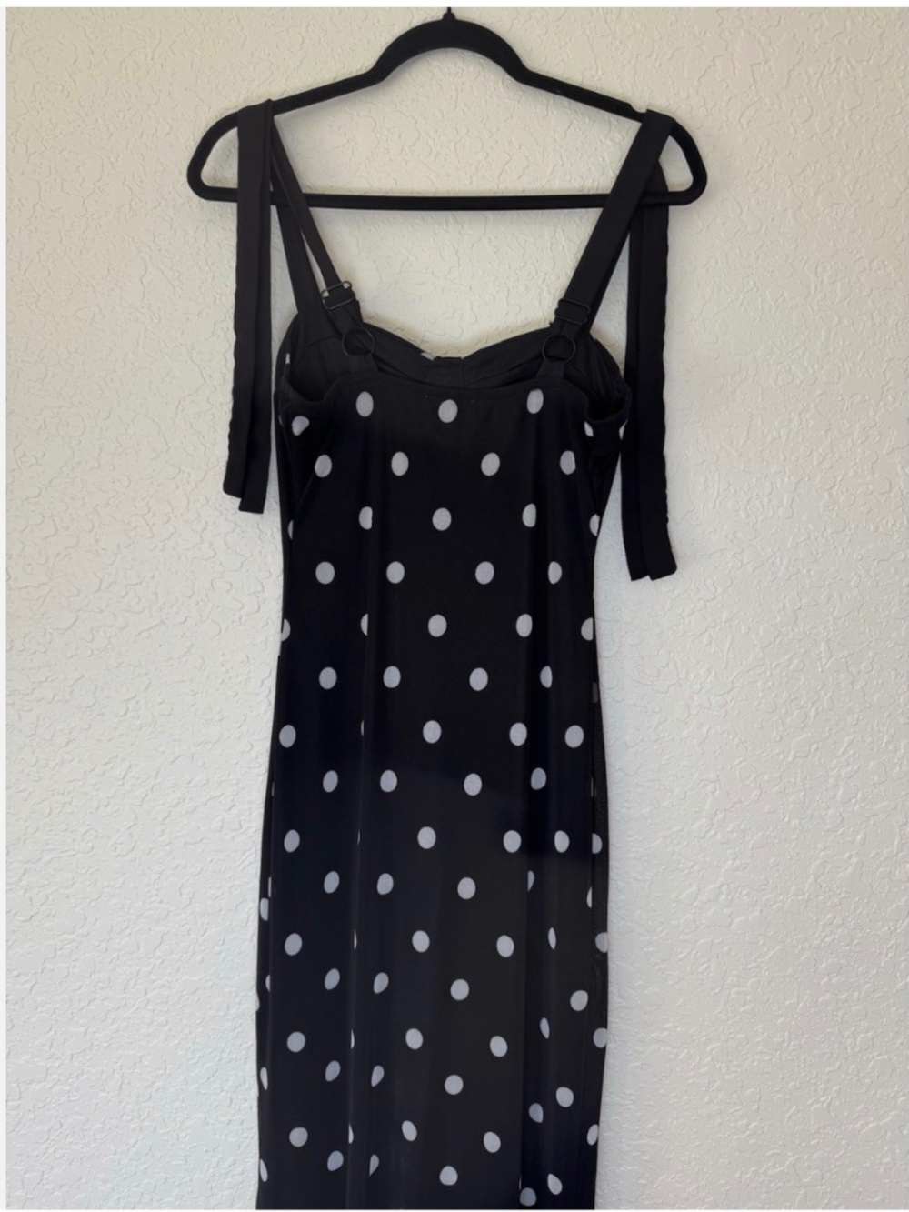 Black Polka Dot Midi Dress Tie Strap Sundress, Size M Spring Wedding Guest Dress